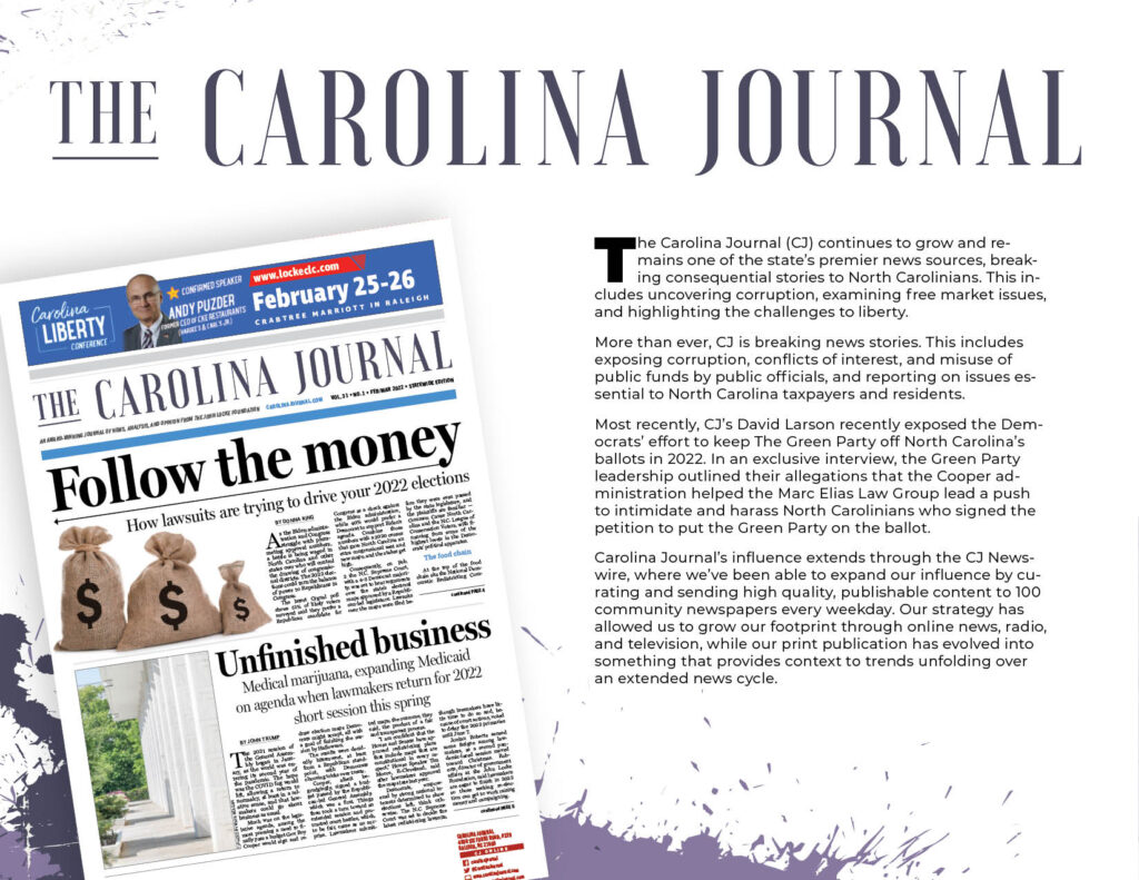 A page from John Locke Foundation's 2022 Annual Report detailing the Carolina Journal's year in review.