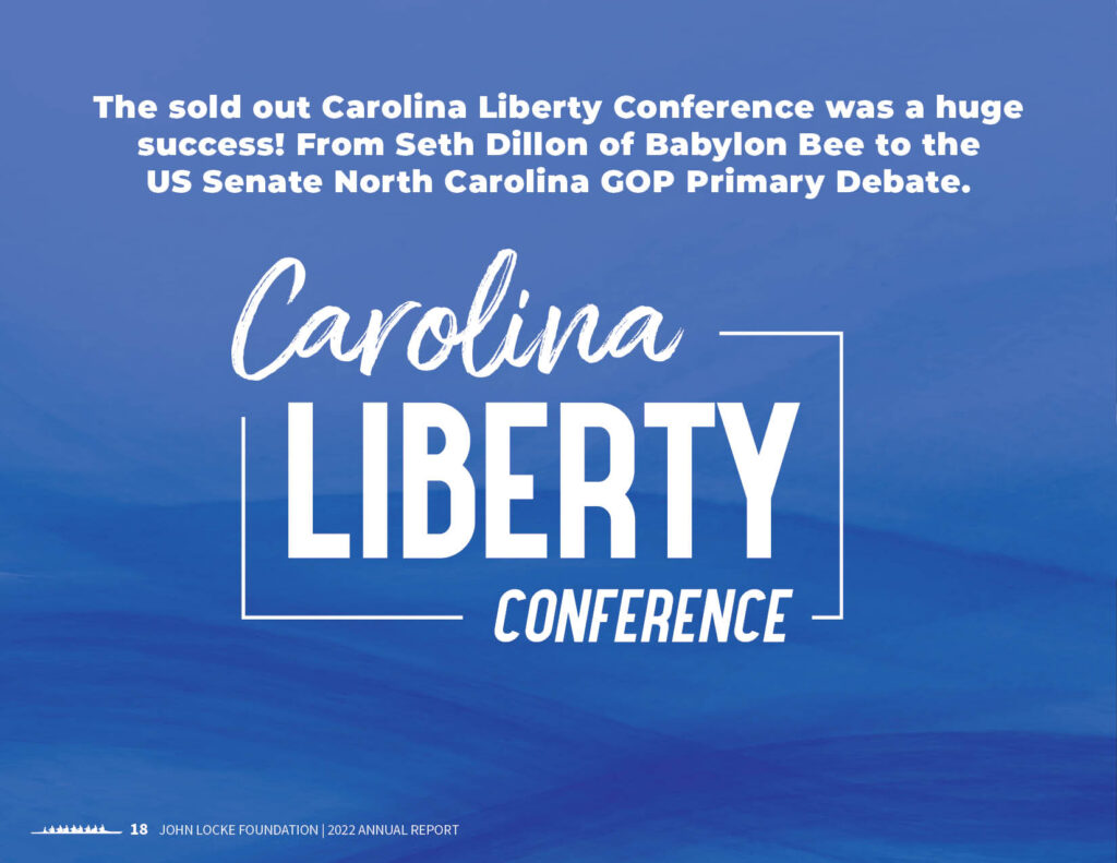 A page from John Locke Foundation's 2022 Annual Report featuring Locke's Carolina Liberty Conference.