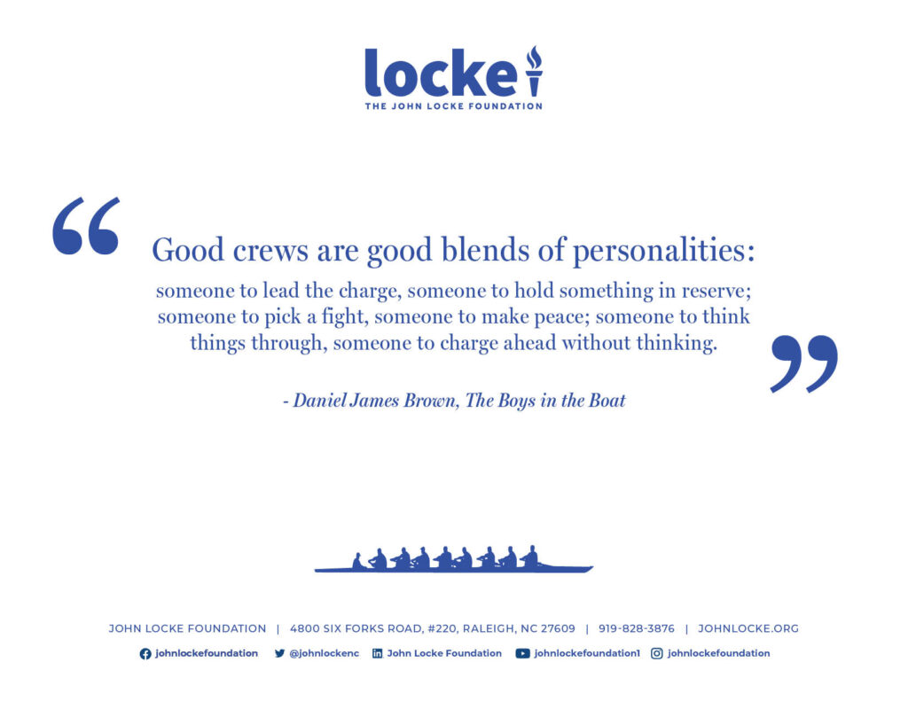 The back cover from John Locke Foundation's 2022 Annual Report featuring a quote from Boys in the Boat.