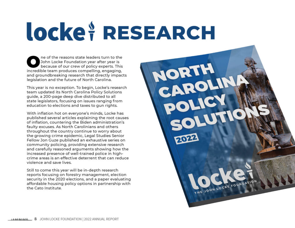 A page from John Locke Foundation's 2022 Annual Report describing research acheivments.