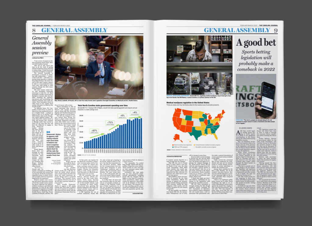 An news spread from Greg de Deugd's redesign of Carolina Journal