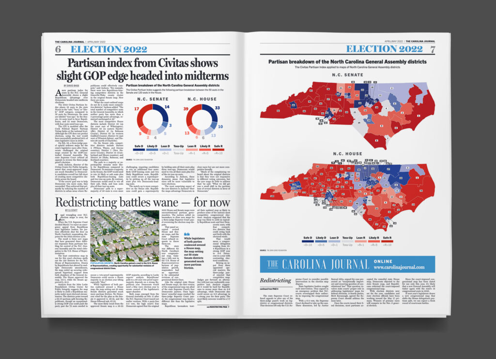 An news spread from Greg de Deugd's redesign of Carolina Journal