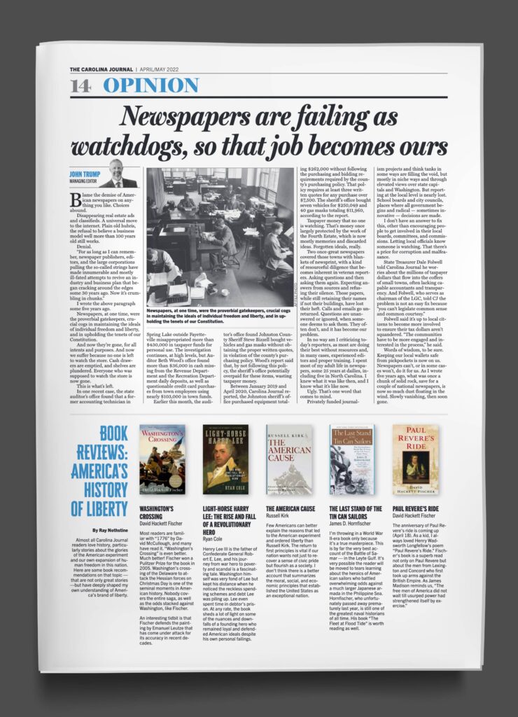 An opinion page from Greg de Deugd's redesign of Carolina Journal