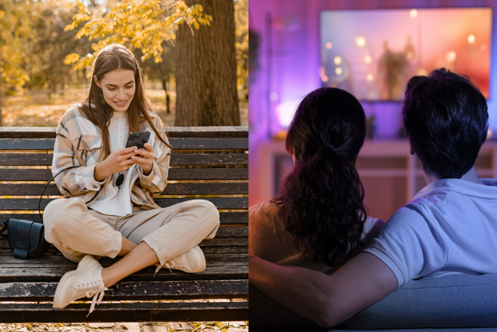 A split screen image with a young adult woman engaged with short form content on one side and a couple enjoying long-form video on the other side.