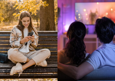 A split screen image with a young adult woman engaged with short form content on one side and a couple enjoying long-form video on the other side.